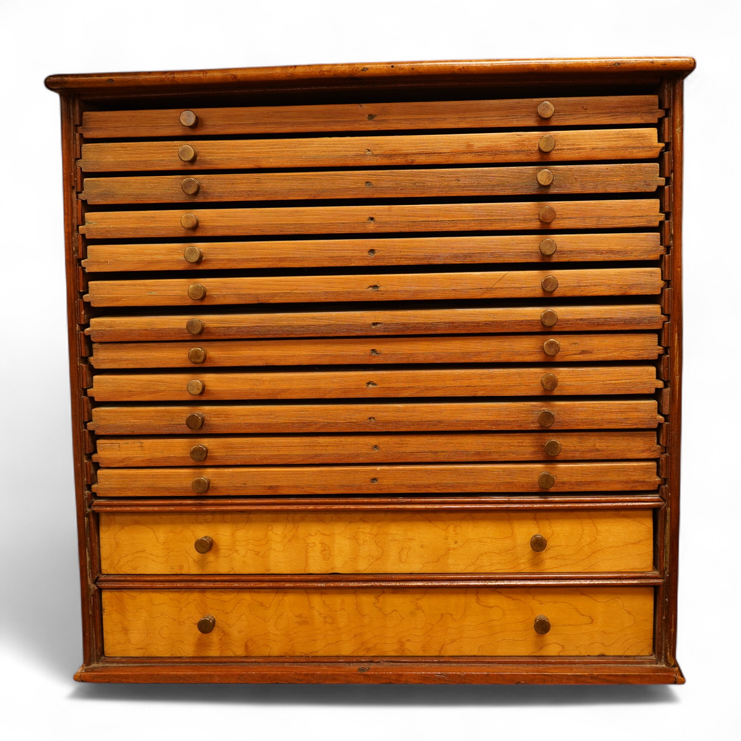 A Victorian satin birch coin collector's cabinet, front panel lacking